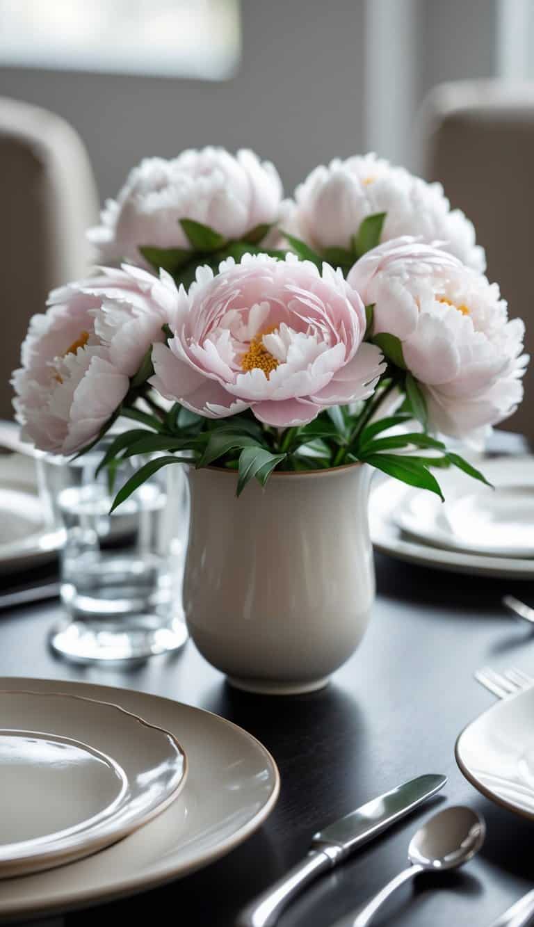 A white ceramic vase with pale pink peonies is placed on a dining table set with plates, cutlery, and glasses.