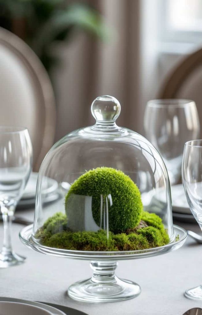 A glass cloche covering decorative green moss on a plate, set on an elegant dining table with plates, glasses, and cutlery.