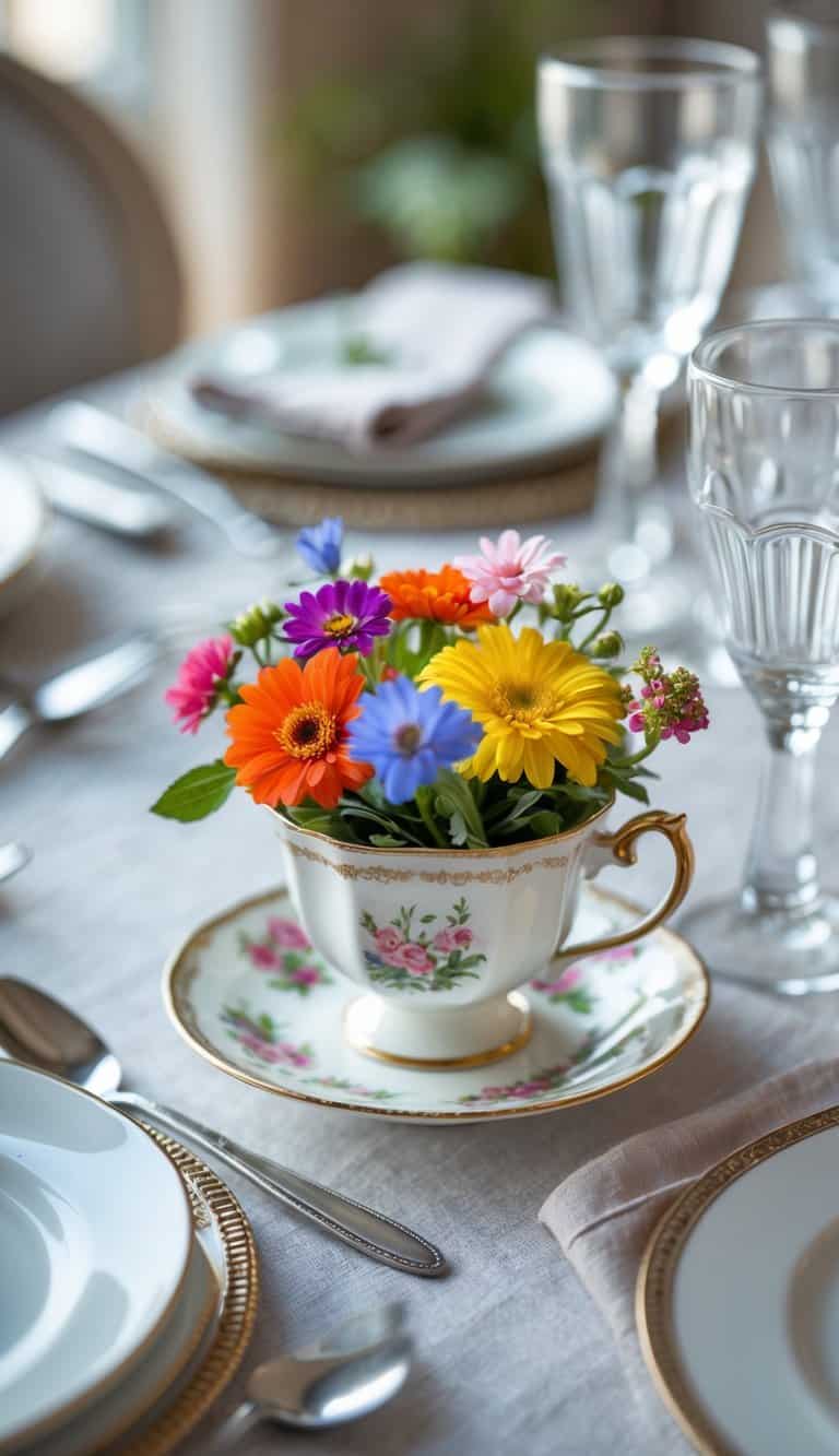 A small vintage teacup filled with fresh flowers on a small dining table set with plates, glasses, and cutlery.