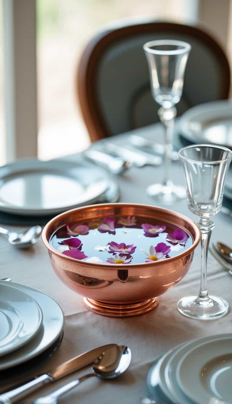 Small copper bowl with floating flower petals on a dining table set with plates, glasses, and cutlery.