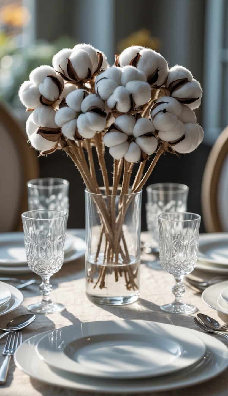 Small dining table with a glass vase holding cotton stems as a centerpiece, surrounded by plates, glasses, and cutlery.