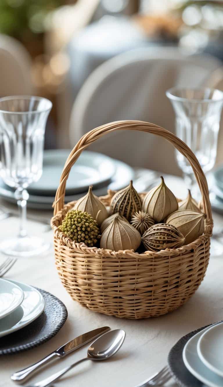 Small handwoven basket with seed pods on a dining table set with plates, glasses, and cutlery.