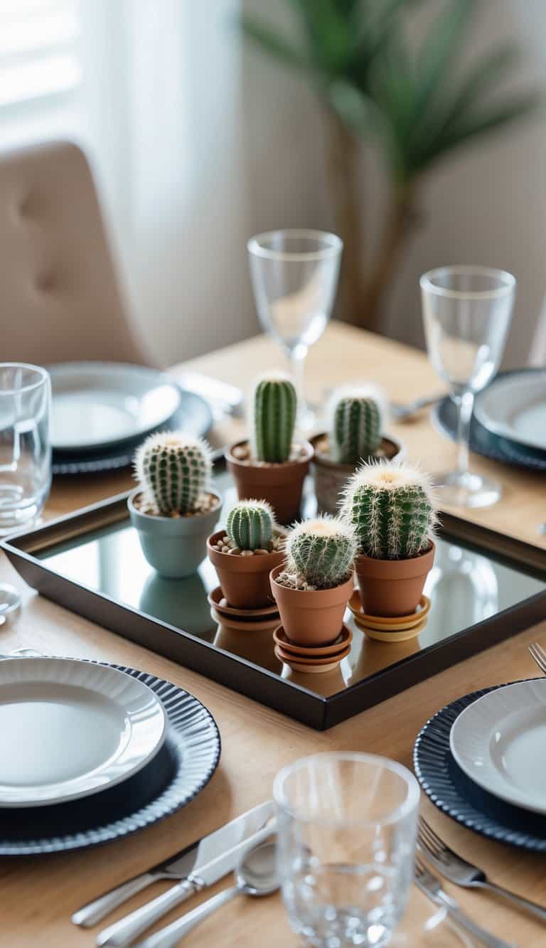 Small dining table with plates, glasses, cutlery, and a mirrored tray holding a collection of mini cacti as a centerpiece.