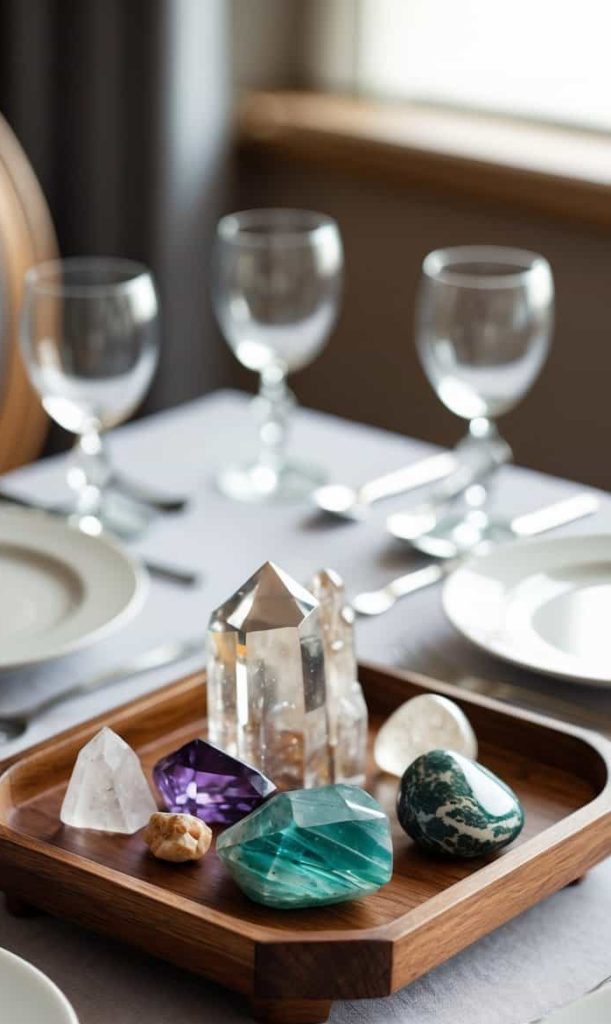 A wooden tray holding various crystals is placed on a formally set dining table with white plates, glasses, and silverware.