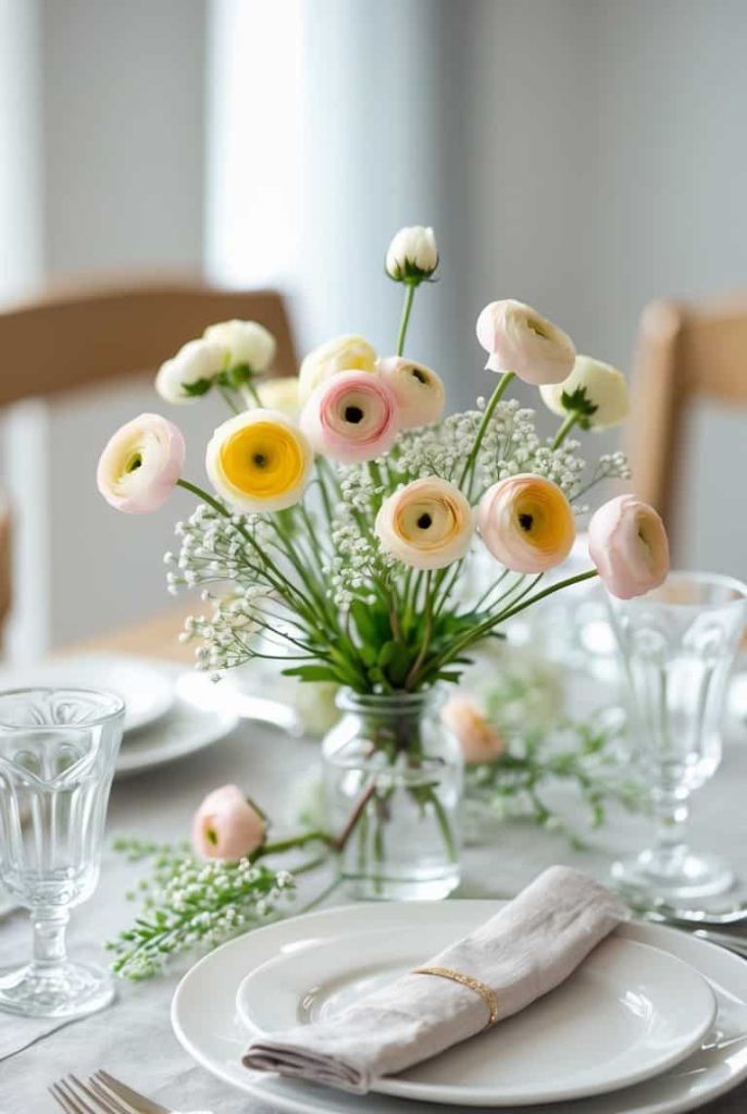 A dining table set with white plates, silver cutlery, glassware, beige napkins, and a centerpiece of pastel ranunculus flowers in a glass vase.