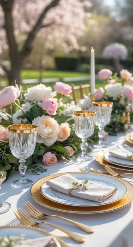 An elegant outdoor table setting with gold-rimmed plates and glasses, white napkins, pink and white flowers, and lit candles, set in a garden with blooming trees.