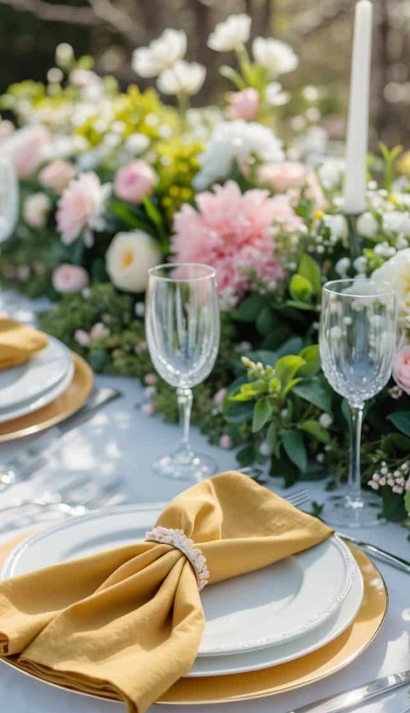 A table set with white plates, gold napkins, glassware, silver cutlery, and a floral centerpiece with pink and white flowers.