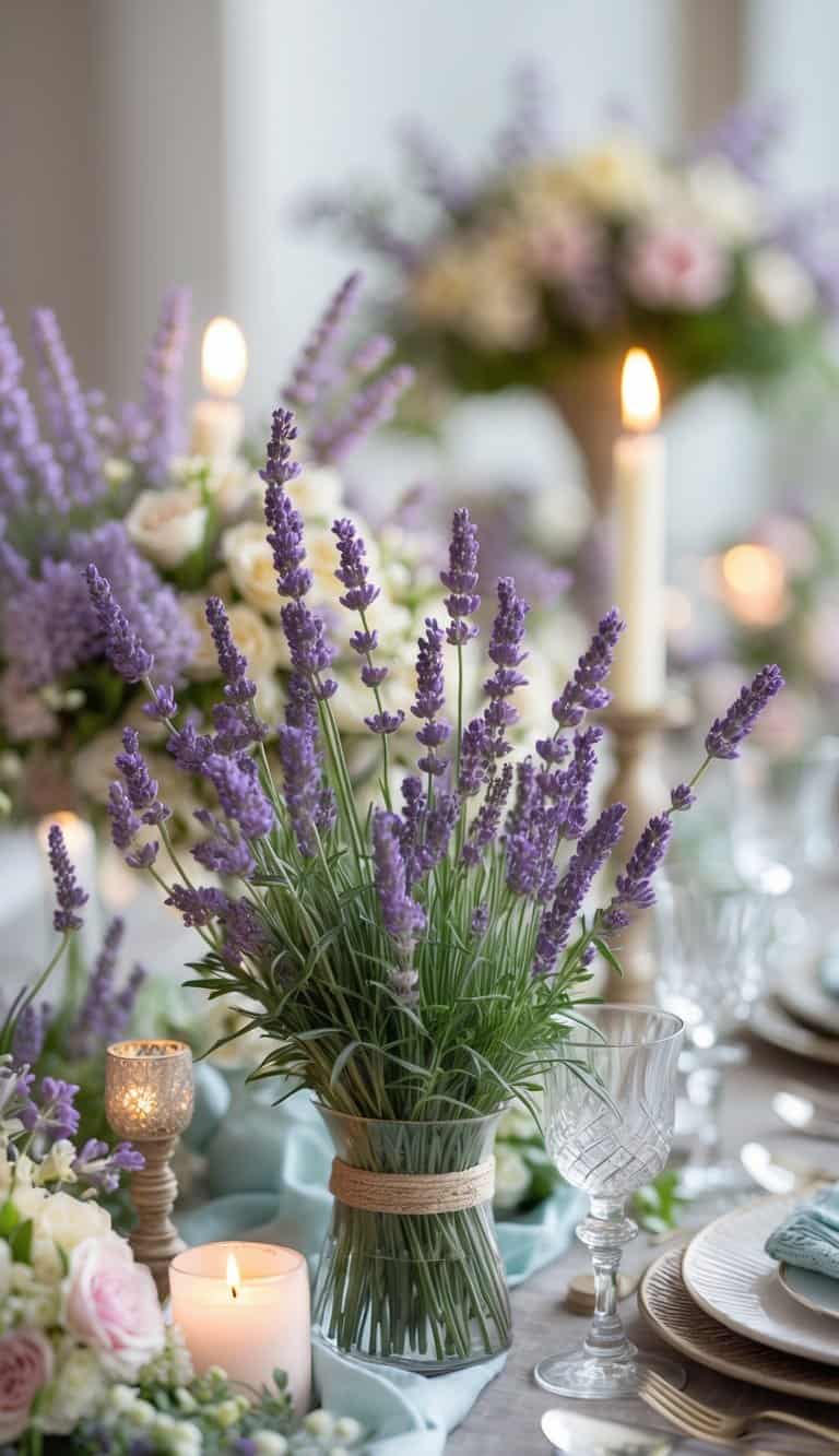 Fresh lavender sprigs arranged on a spring wedding table with flowers, candles, and elegant tableware.