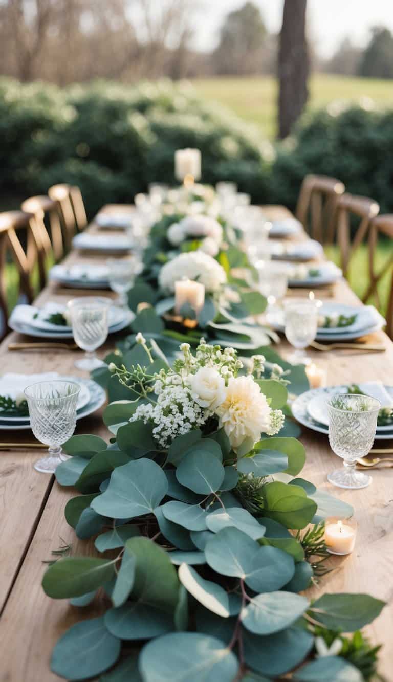 A wedding table decorated with green eucalyptus garlands, white flowers, candles, and tableware.