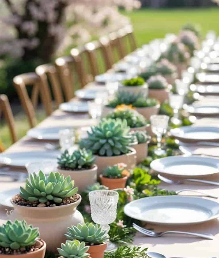 A long outdoor table is set with white plates and cutlery, decorated with potted succulents and greenery, with wooden chairs and a blurred natural background.