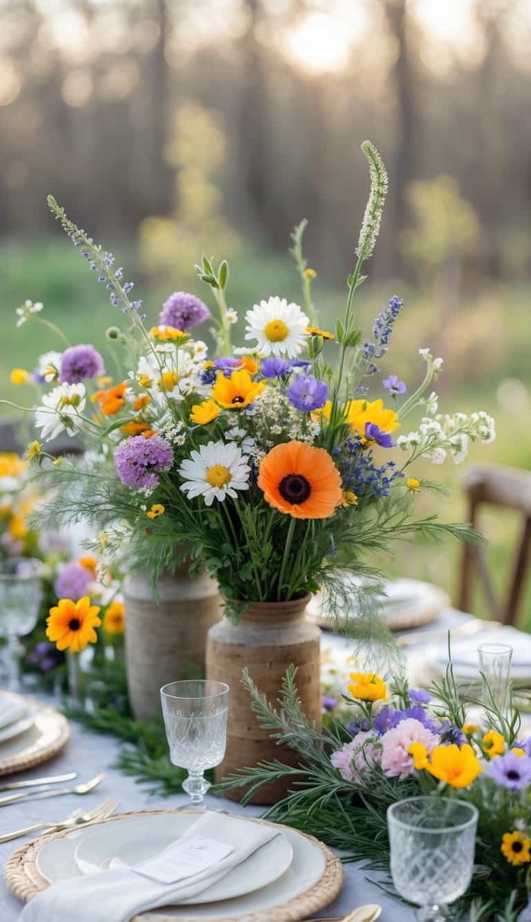 A spring wedding table set outdoors with colorful wildflower bouquets and elegant tableware.