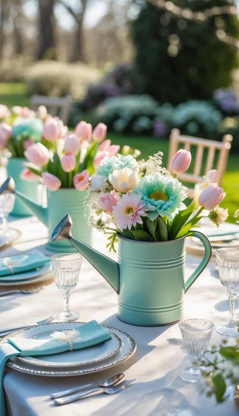 A spring wedding table decorated with pastel-colored watering cans filled with flowers, set outdoors with glassware and plates.
