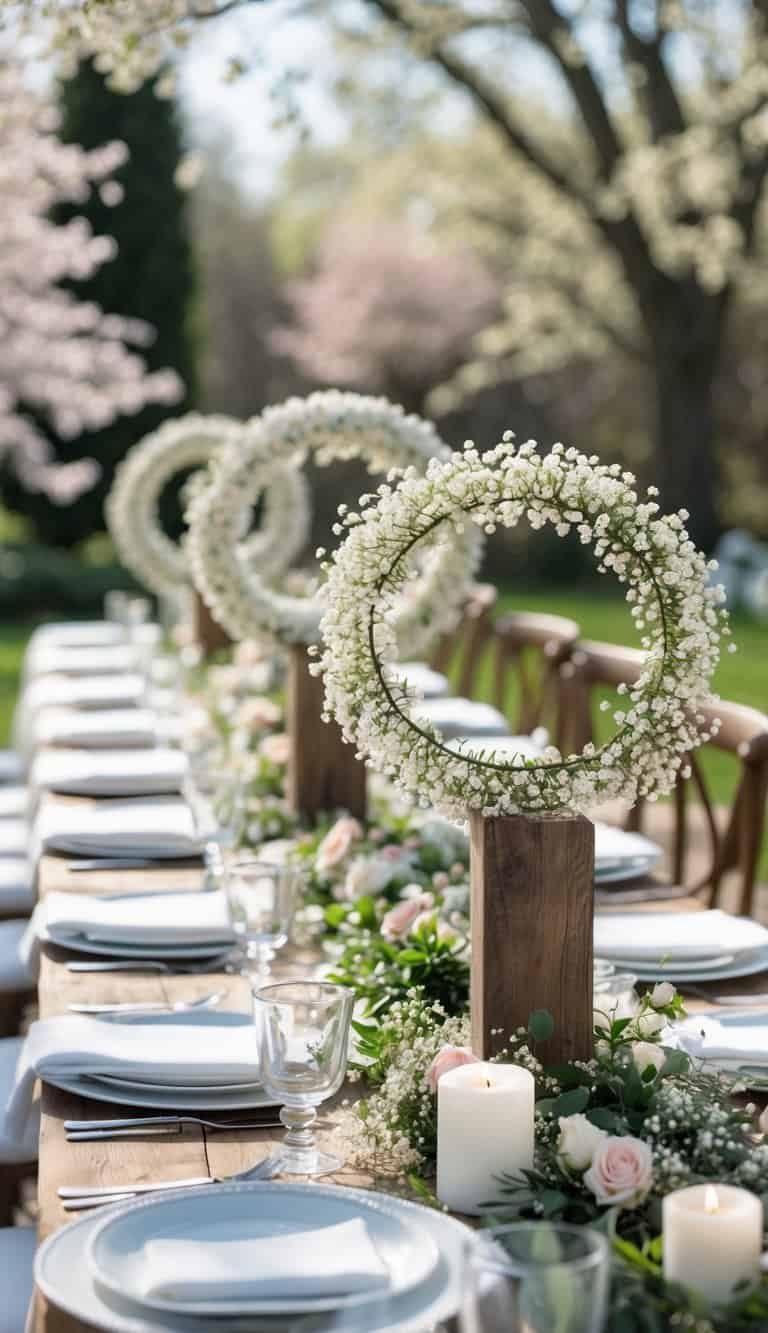 A spring wedding table set outdoors with delicate baby's breath floral arrangements shaped into halos as centerpieces, surrounded by candles and pastel flowers.