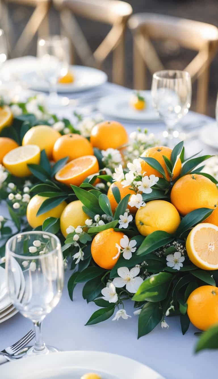 A spring wedding table with a centerpiece of fresh oranges and lemons surrounded by green leaves and white flowers.