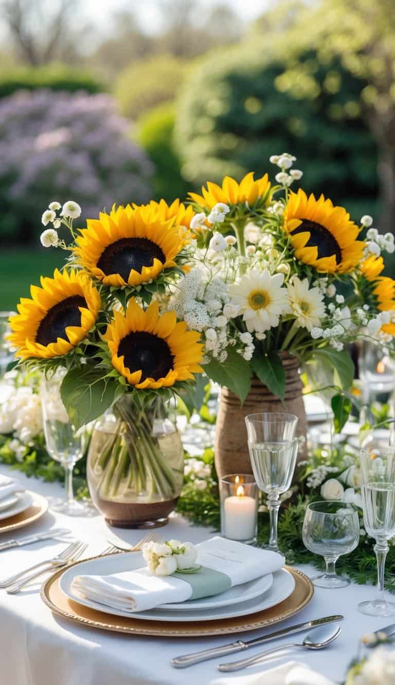 A wedding table set outdoors with bright sunflower bouquets as centerpieces, surrounded by tableware and greenery.