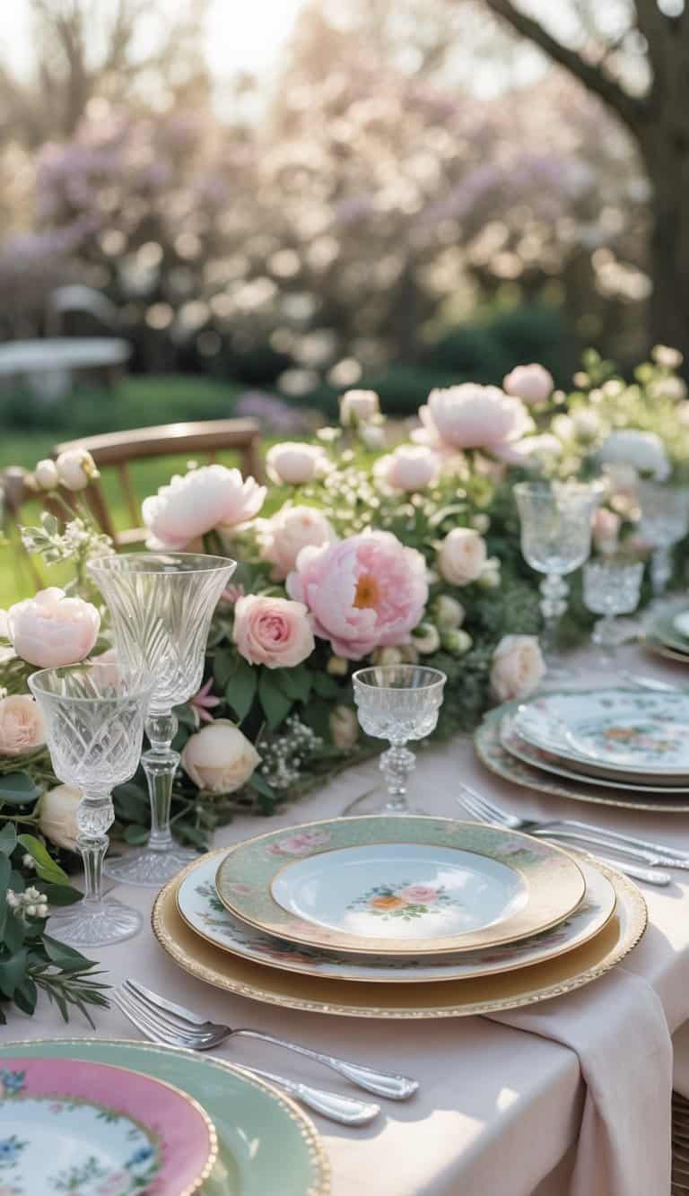 A spring wedding table set outdoors with mismatched vintage china plates, pastel flowers, glassware, and cutlery.