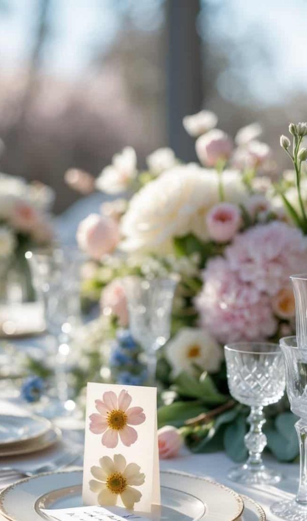 Elegant table setting with floral arrangements, glassware, and plates, featuring place cards decorated with daisy illustrations.