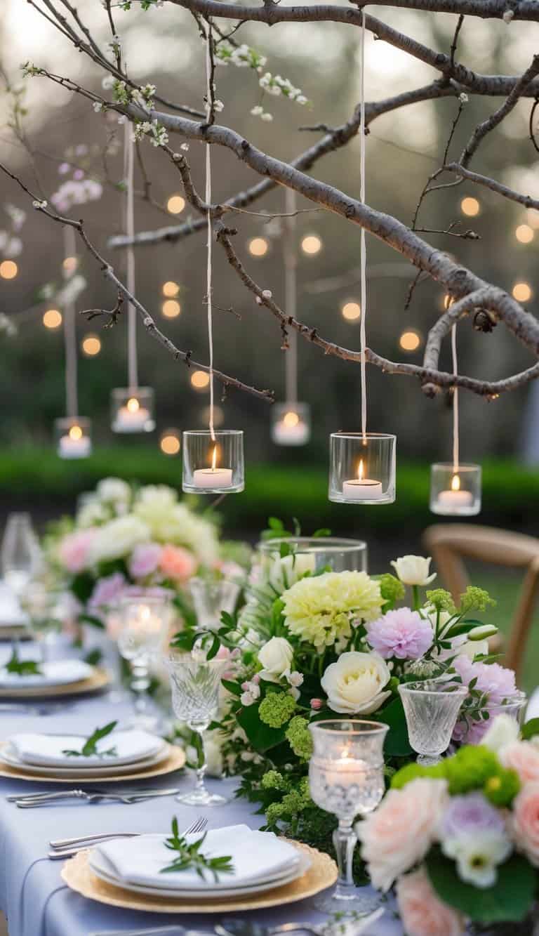 A wedding table decorated with hanging tealight holders on branches and spring flowers.