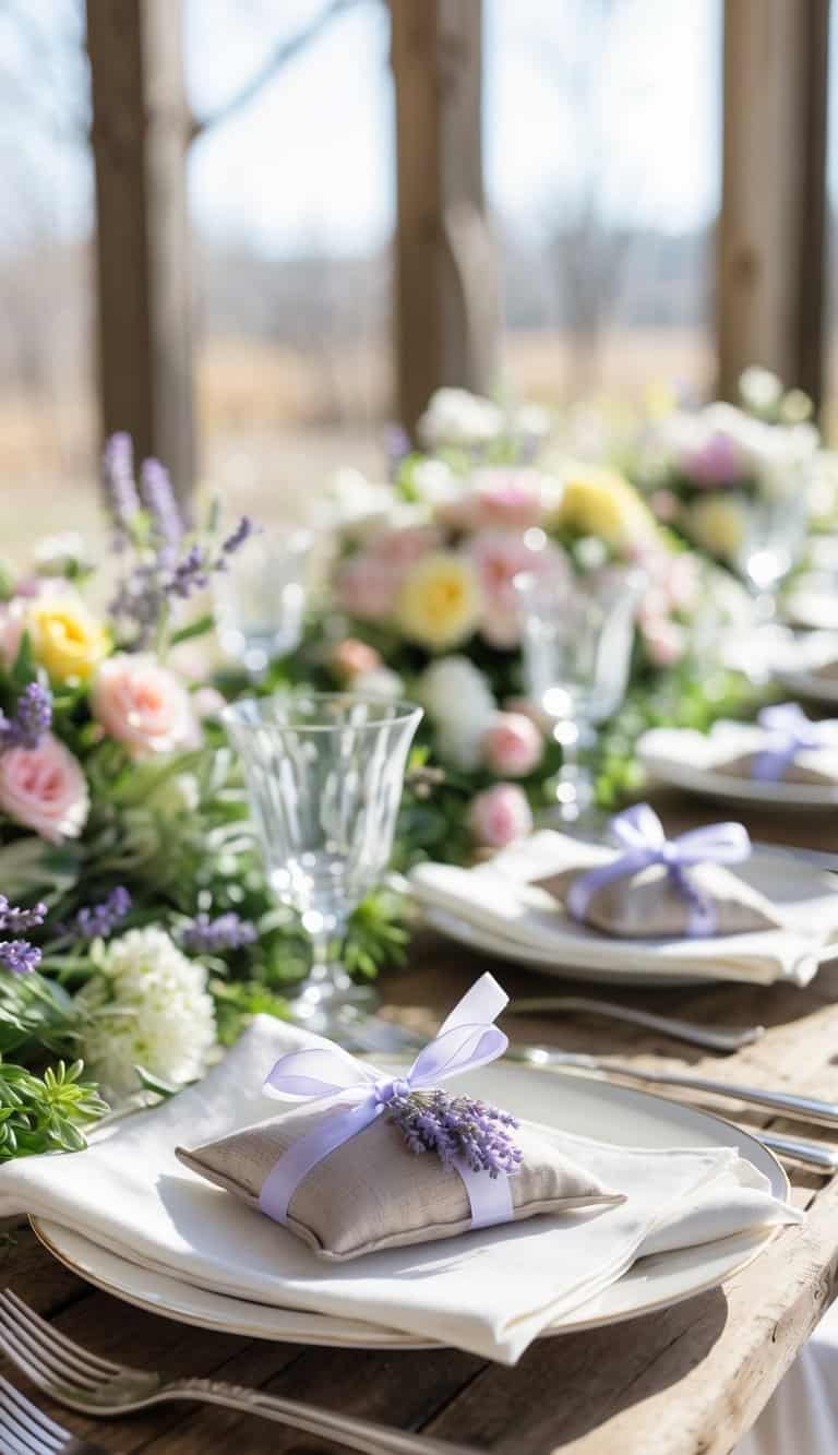 A spring wedding table with each place setting featuring a lavender sachet on a white napkin, surrounded by flowers and glassware.