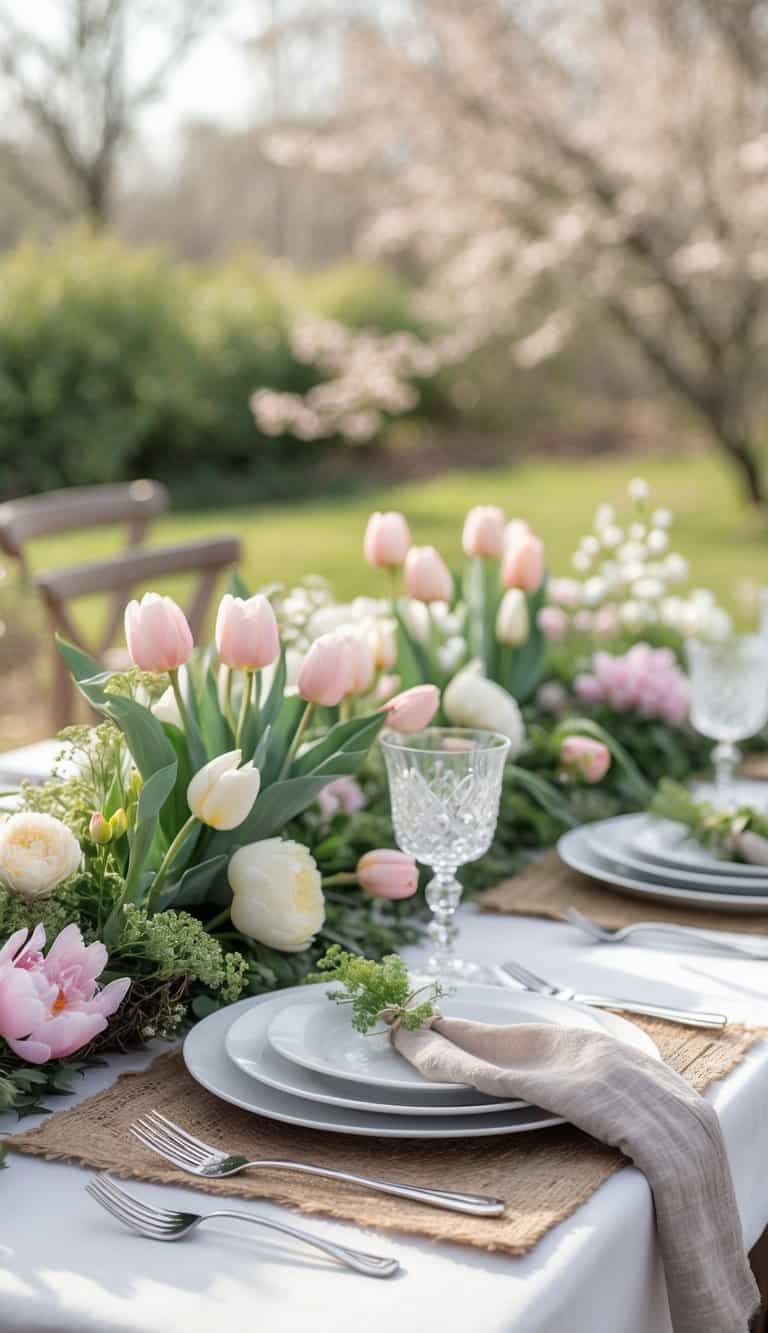 A spring wedding table set outdoors with natural jute placemats, white plates, silverware, glassware, and fresh pastel flowers.