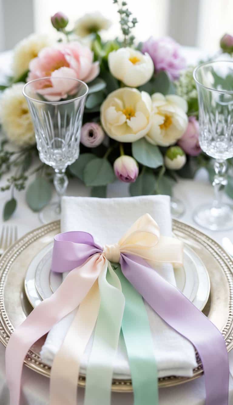 A spring wedding table with white napkins tied with pastel-colored ribbons and decorated with fresh flowers and elegant tableware.