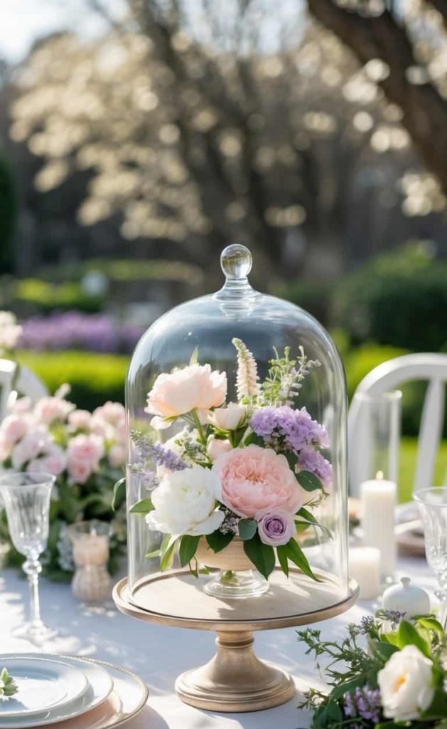 A floral arrangement with roses and peonies is displayed under a glass dome on a wooden stand, set on an outdoor table with elegant place settings and candles.