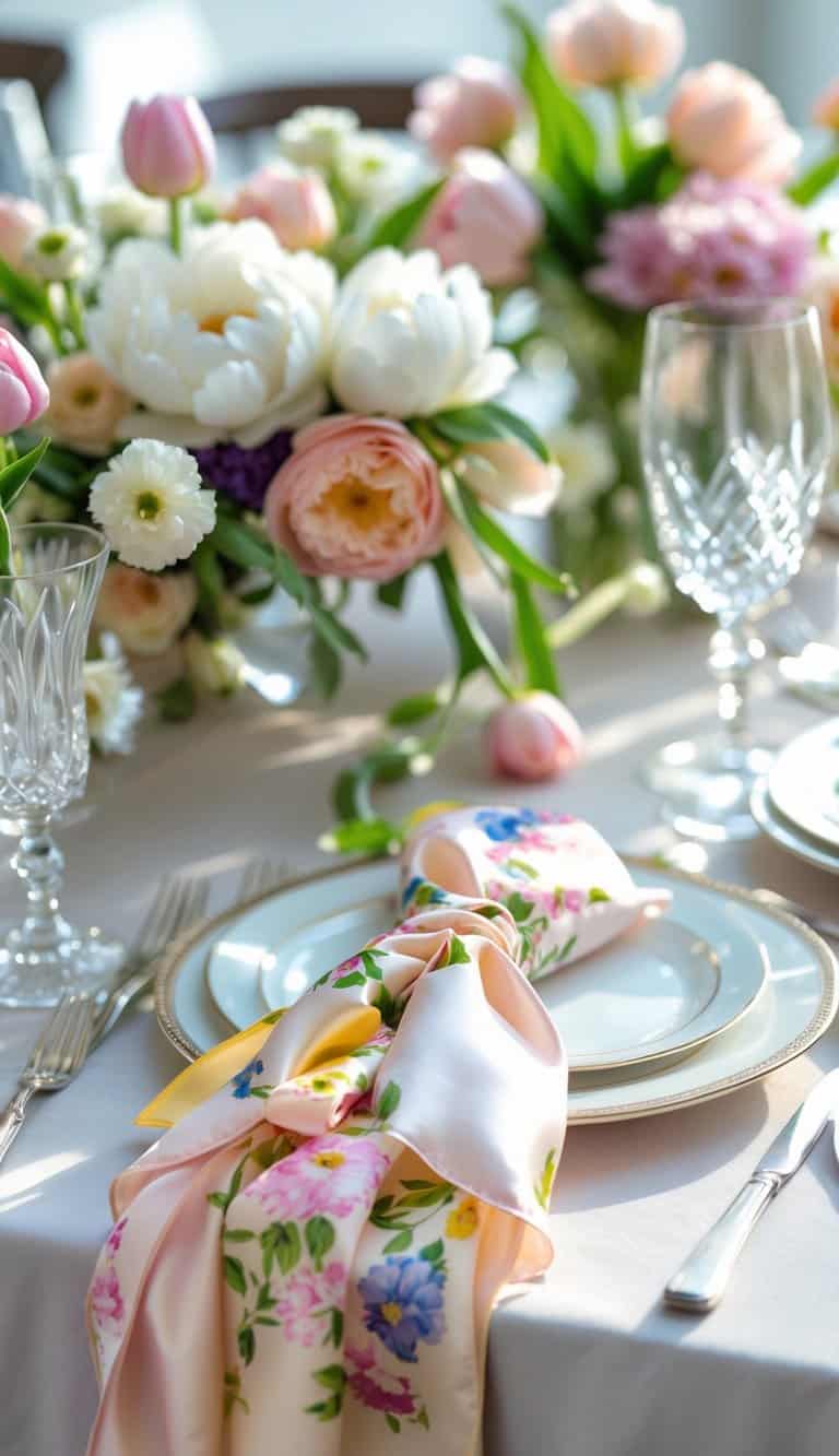 A beautifully set spring wedding table with silk napkins tied with floral ribbons, surrounded by plates, silverware, glassware, and fresh flowers.