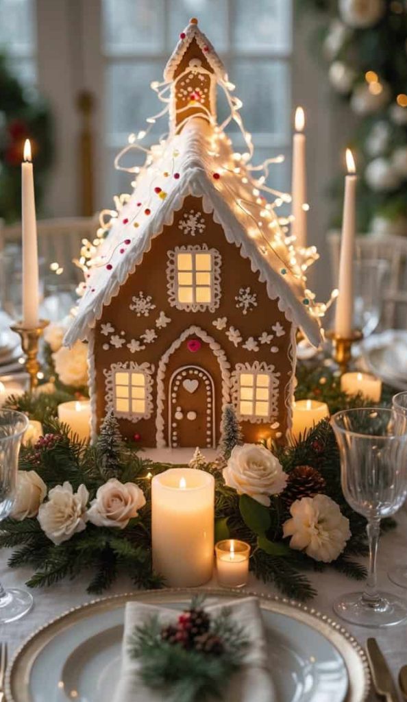 A gingerbread house centerpiece decorated with icing and lights is surrounded by candles, flowers, and place settings on a festive dining table.