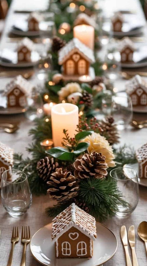 A holiday table set with gold cutlery, plates, glasses, gingerbread house favors, pinecones, greenery, and candles arranged as a festive centerpiece.