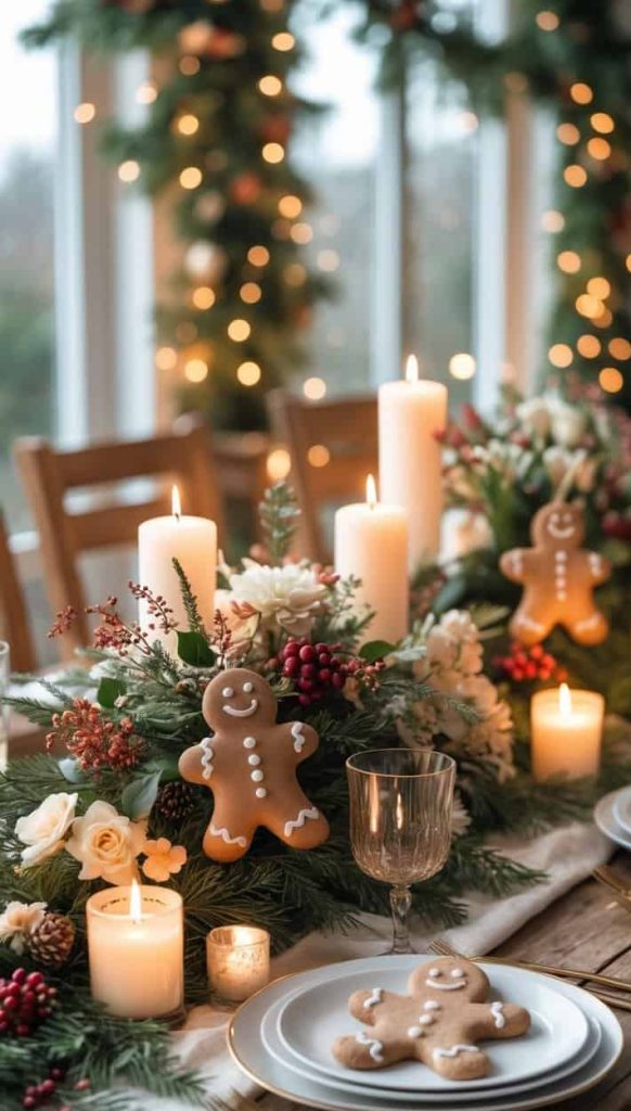 A festive table setting with gingerbread cookies, candles, evergreen branches, and holiday flowers, set in front of windows with string lights and greenery.