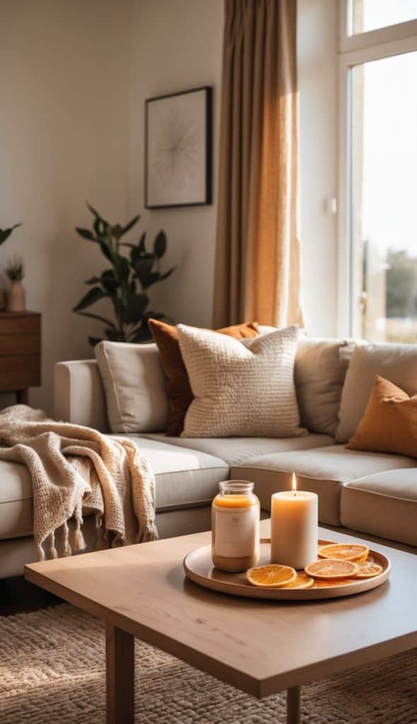 A cozy living room with a beige sectional sofa, textured cushions, a wooden coffee table with candles and dried orange slices, and sunlight streaming through a window.