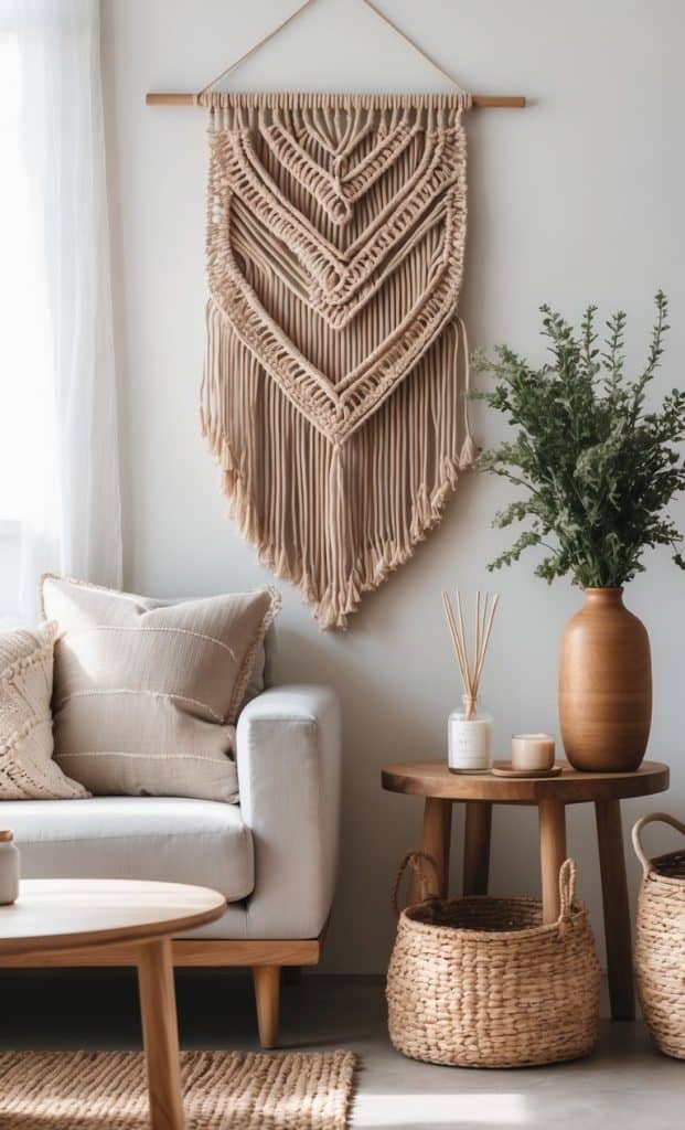 A neutral-toned living room with a gray sofa, wooden furniture, woven basket, potted plant, and a large macramé wall hanging above the sofa.