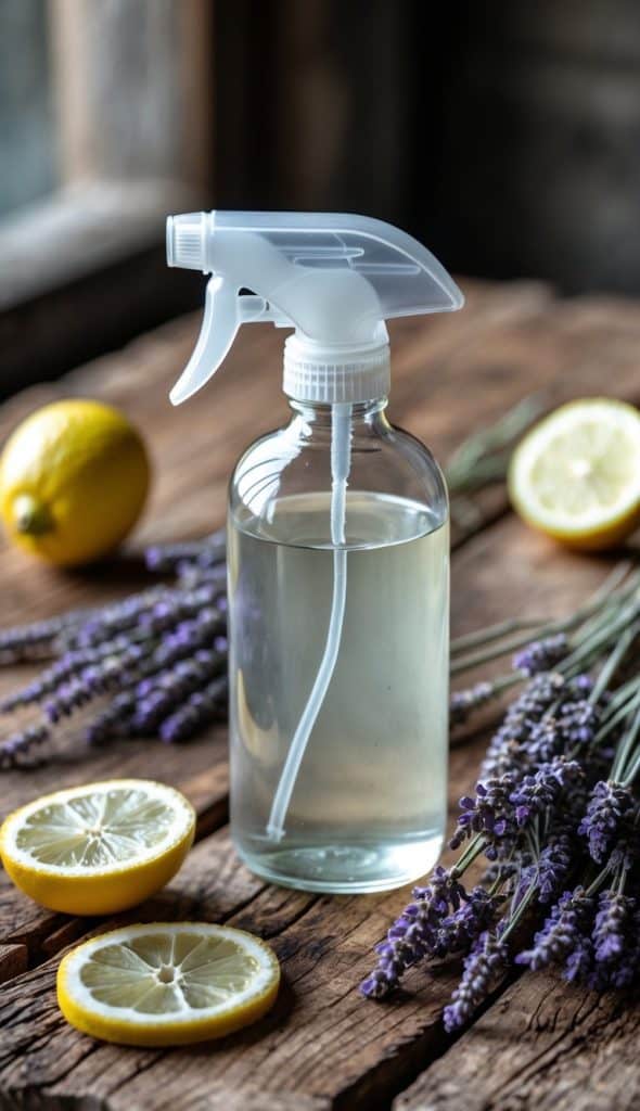A glass spray bottle filled with liquid sits on a wooden surface surrounded by sliced lemons, whole lemon, and sprigs of lavender.