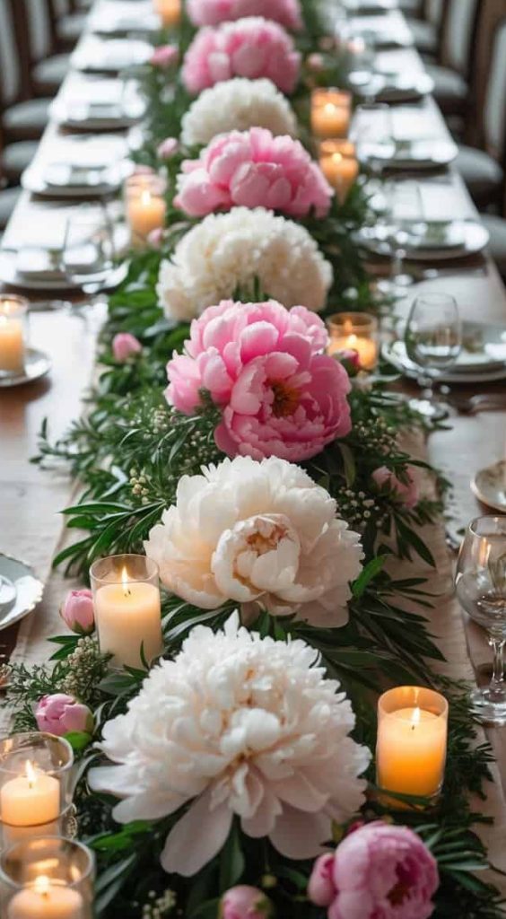 A long dining table is decorated with white and pink peonies, greenery, lit candles, and set with plates, glasses, and cutlery.