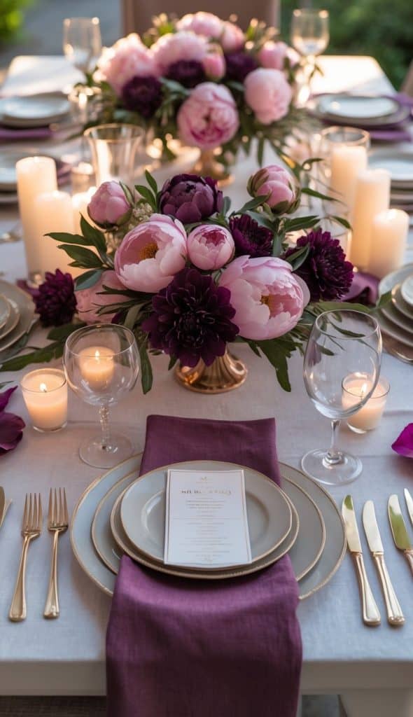 A formal table setting with gold cutlery, white plates, purple napkins, floral centerpieces with pink and purple flowers, and several lit candles.