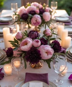 A formal table setting with gold cutlery, white plates, purple napkins, floral centerpieces with pink and purple flowers, and several lit candles.