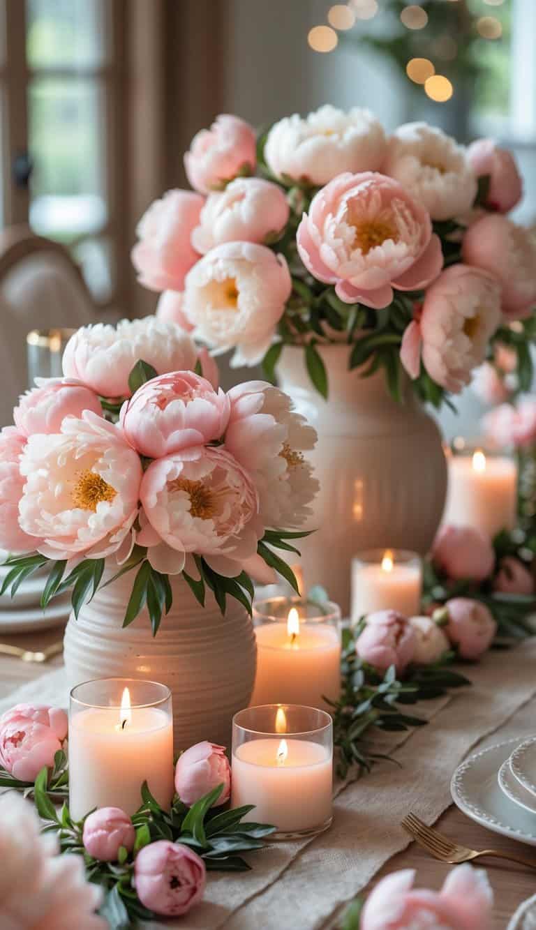 A full view of a table decorated with pink, peach, and ivory peonies in ceramic pots, surrounded by candles and floral centerpieces.