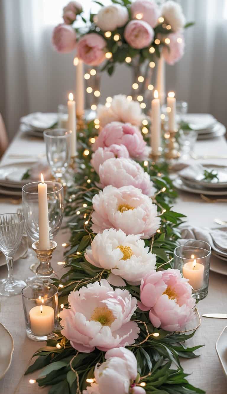 A full table set with a peony garland intertwined with fairy lights as the centerpiece, surrounded by candles and tableware, illuminated by natural light.