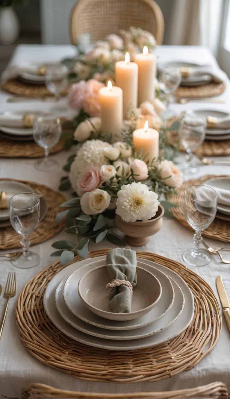 A full table set with wicker placemats and ceramic bowls, decorated with flowers and candles in natural light.