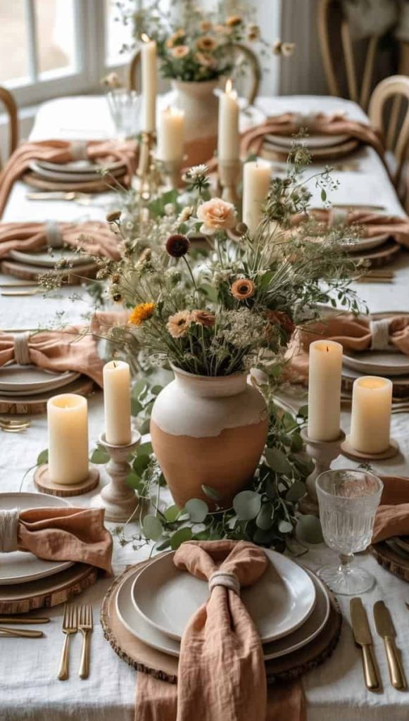 A dining table set with white plates, peach napkins, candles, and a large floral centerpiece, surrounded by wooden chairs in a sunlit room.