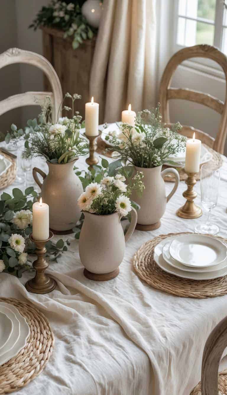 A beautifully set dining table with a cream linen tablecloth, floral centerpieces, candles, plates, and glassware arranged for a festive gathering.