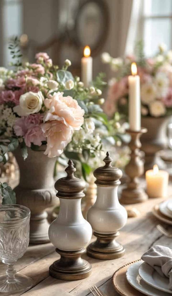 Elegant table set with glassware, plates, napkins, candles, and floral arrangements in soft pastel colors, featuring vintage-style salt and pepper shakers.