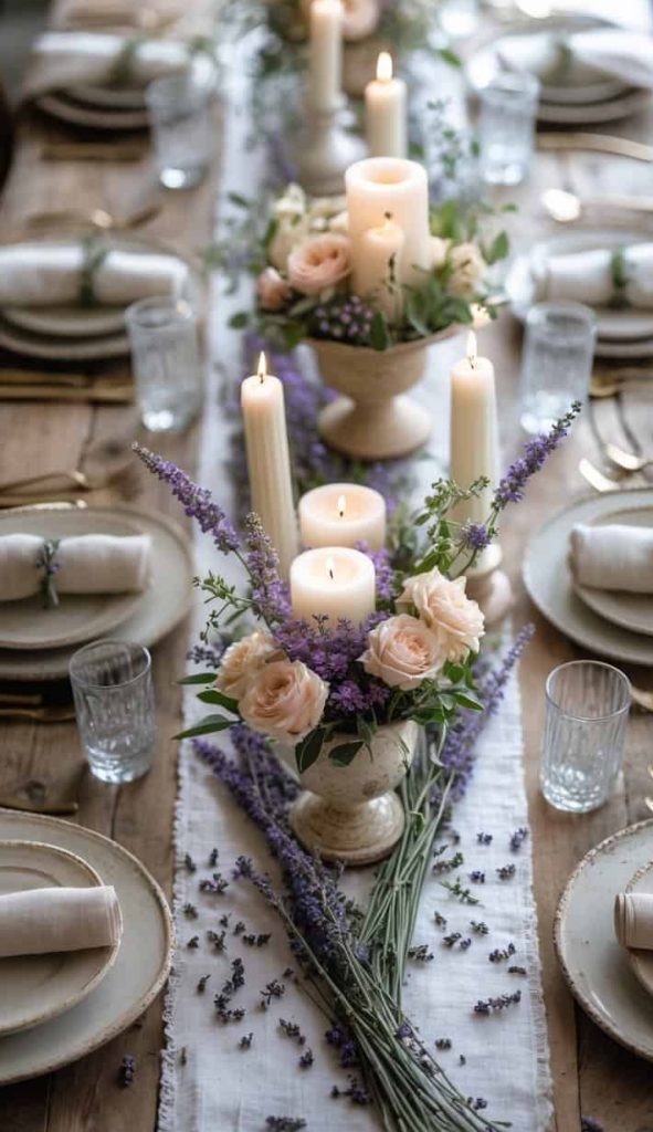 A rustic wooden table set for a meal with plates, glasses, napkins, gold cutlery, and decorated with candles, lavender, and blush roses arranged in vases.