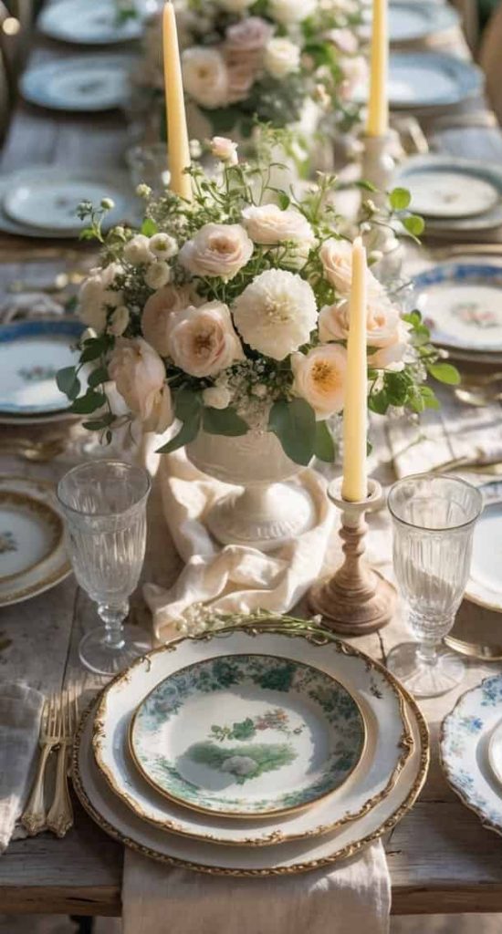 A wooden table set with vintage floral china, crystal glasses, gold cutlery, tall yellow candles, and vases of pale flowers arranged down the center.