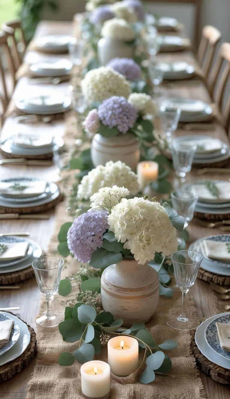 A wooden table set for a holiday event with burlap runners, floral centerpieces, candles, plates, and glassware arranged neatly under natural light.