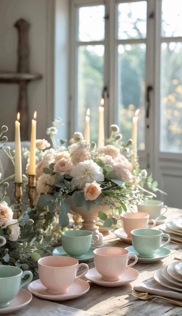 A rustic wooden table set with pastel ceramic cups, fresh flowers, candles, and elegant tableware in natural daylight.