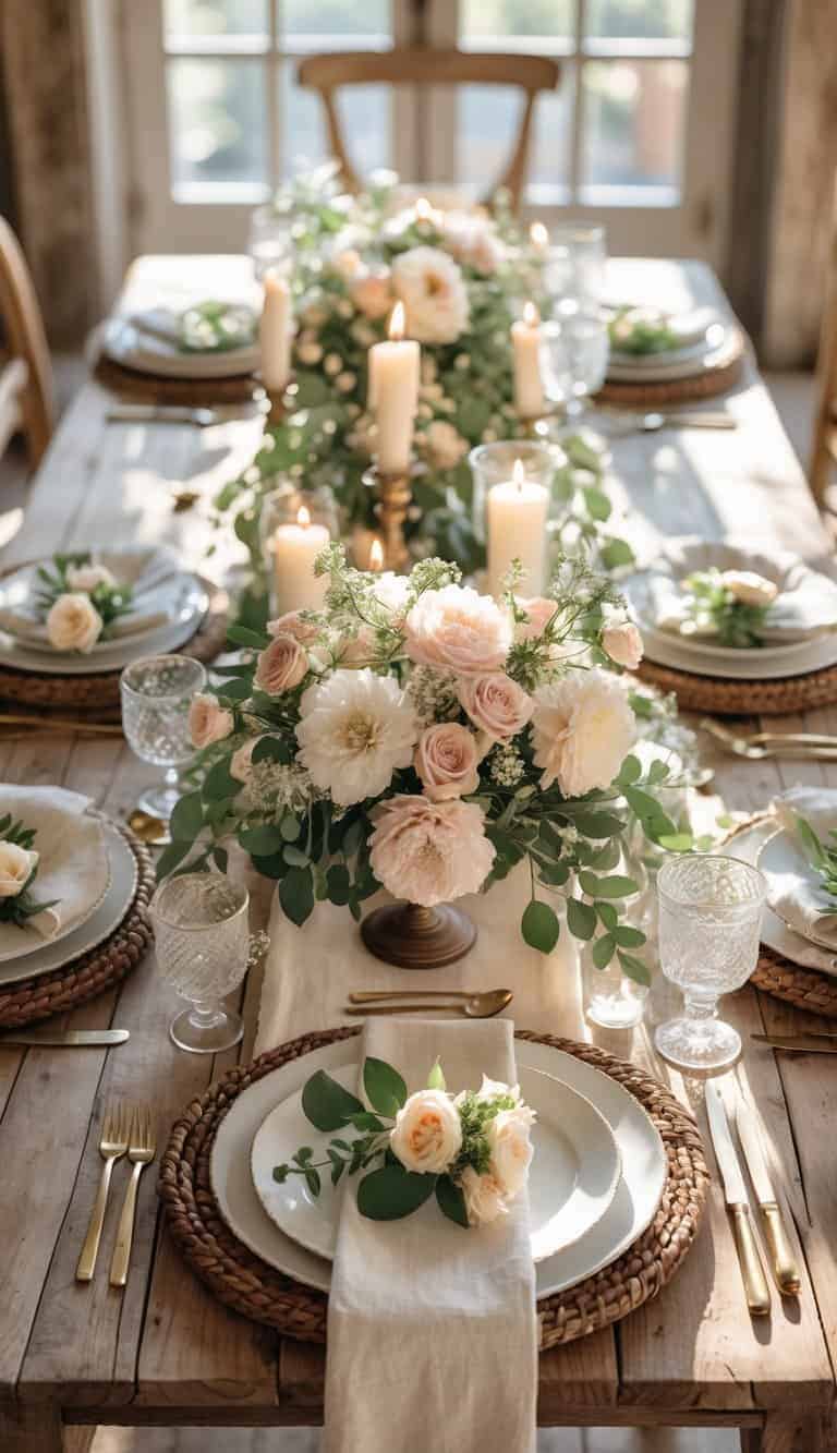 A rustic wooden table set with white plates on wooden chargers, decorated with flowers and candles.