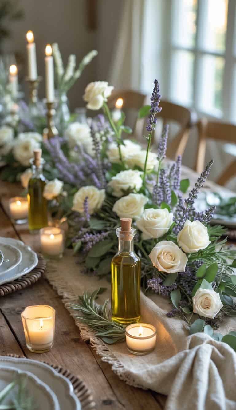 A rustic wooden table set for a holiday event with small bottles of olive oil, candles, white flowers, greenery, and ceramic plates under natural daylight.