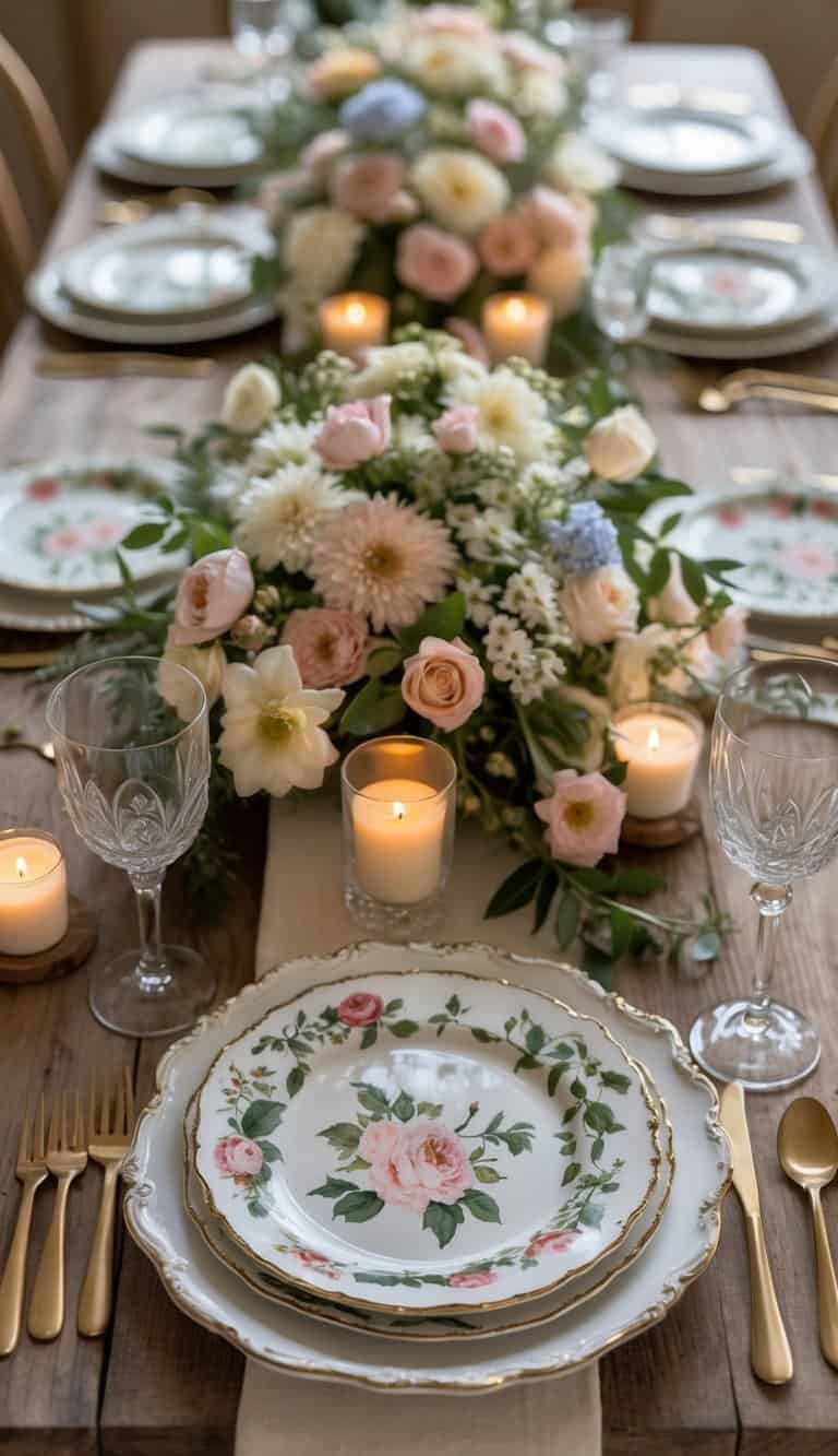 A dining table set with floral patterned ceramic salad plates, fresh flower centerpieces, and lit candles on a wooden table.