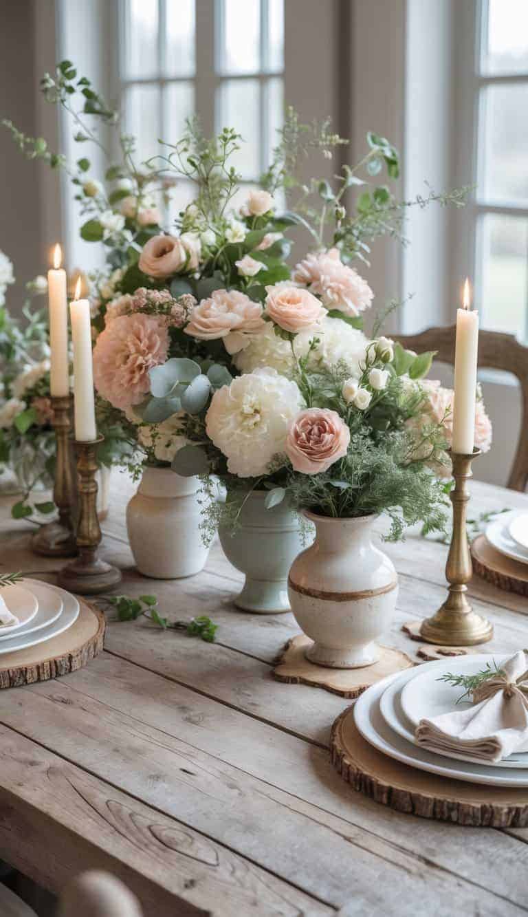 A full view of a rustic wooden table set with weathered wooden coasters, floral centerpieces, candles, and tableware in a cozy indoor setting with natural light.